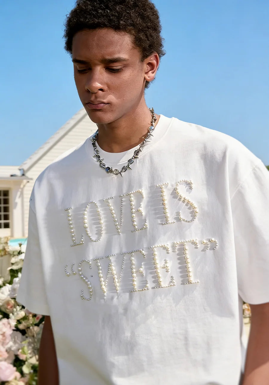 VINESU A37 - Oversized Pearl-Embellished "LOVE IS SWEET" T-Shirt, Unisex Streetwear Tee