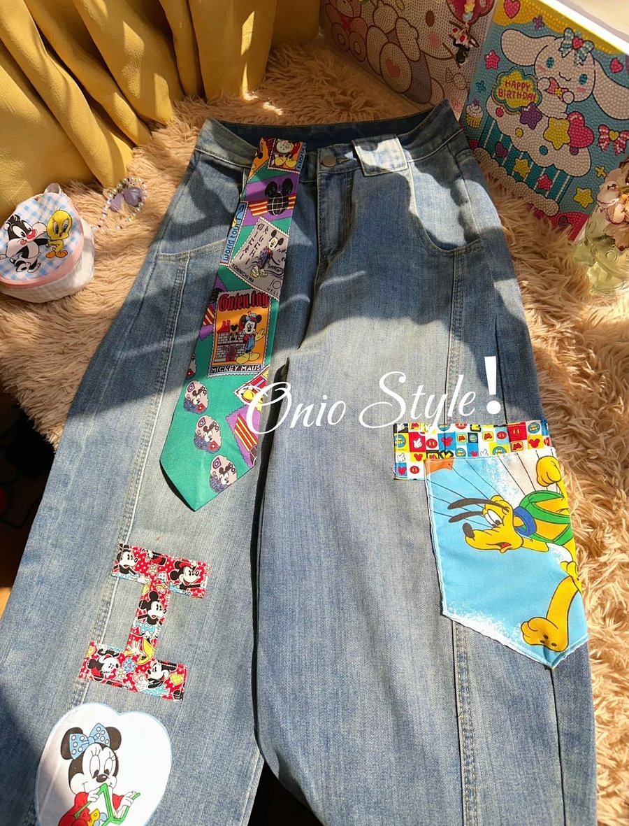 Vinesu A58 - Handmade Retro Mickey Patchwork Wide-Leg Jeans | 90s Nostalgia Custom Denim (No Belt Included)