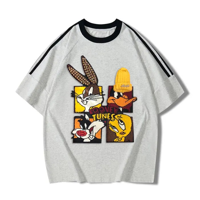 VINESU Looney Tunes 3D Accent Striped-Trim Tee | Retro Streetwear Staple