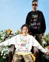 VINESU A36 - Oversized Hand-painted "You Are A Rose In Bloom" Graphic Sweatshirt, Colorful Y2K Aesthetic Pullover