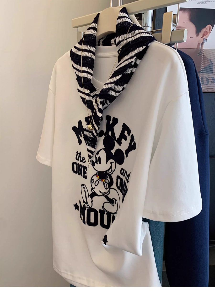 VINESU A31 - 220g Heavyweight Retro Cartoon Mouse Print White T-Shirt, with 3D Beaded Necklace