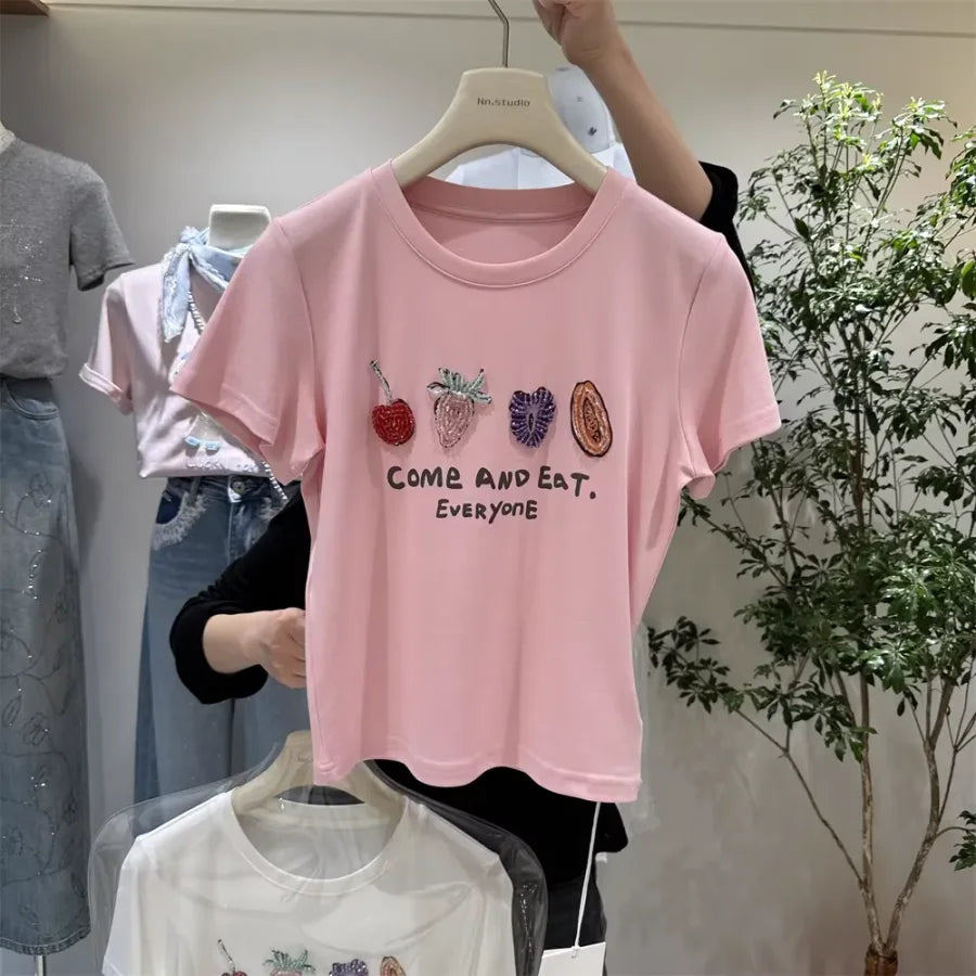 A121 - Luxury Fruit Embroidery Beaded T-Shirt - 100% Heavy Cotton