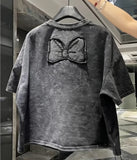 VINESU H125 🎀 H126 🔥 2026 Trend: Daisy Sequin Embellished Washed Vintage Oversized Heavy Detail Tee