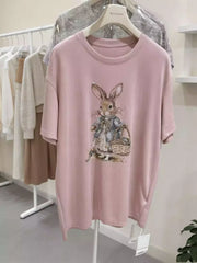 A136 - Oversized Rabbit Embroidery Tee - 220g Premium Cotton with Silver Bead Accents