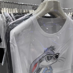 VINESU Cartoon Diamond Embellishments + Embroidered Bead Sunglasses Bunny Short-Sleeve T-Shirt