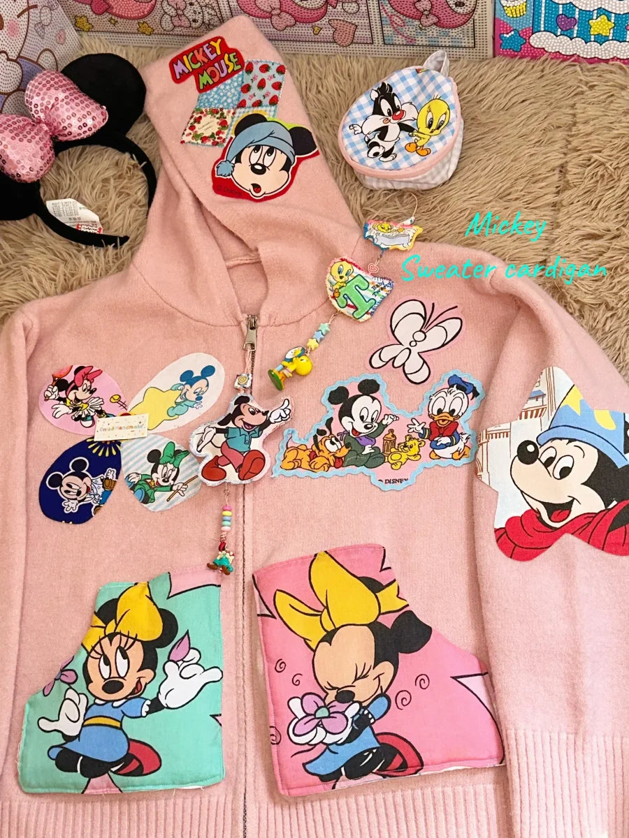 Vinesu A68 - Trendy & Cute Mickey & Minnie Knitted Hooded Cardigan - Warm Knit Sweater for Spring, Autumn, Winter