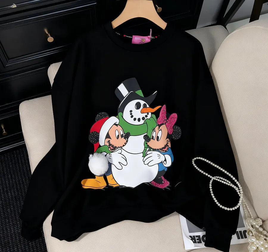VINESU Christmas MK Cartoon Print Hand-Applied Beads Crewneck Sweatshirt