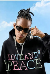 VINESU a38 - Pearl-Embellished "LOVE AND PEACE" Graphic Hoodie, Y2K Aesthetic Pullover