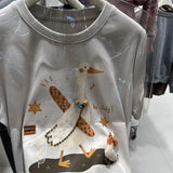 A106 - "Hi, July!" Artistic Goose Graphic T-Shirt - 220g Ultra-Heavyweight Cotton Tee with 3D Beaded Necklace & Patchwork Details