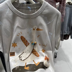 A106 - "Hi, July!" Artistic Goose Graphic T-Shirt - 220g Ultra-Heavyweight Cotton Tee with 3D Beaded Necklace & Patchwork Details