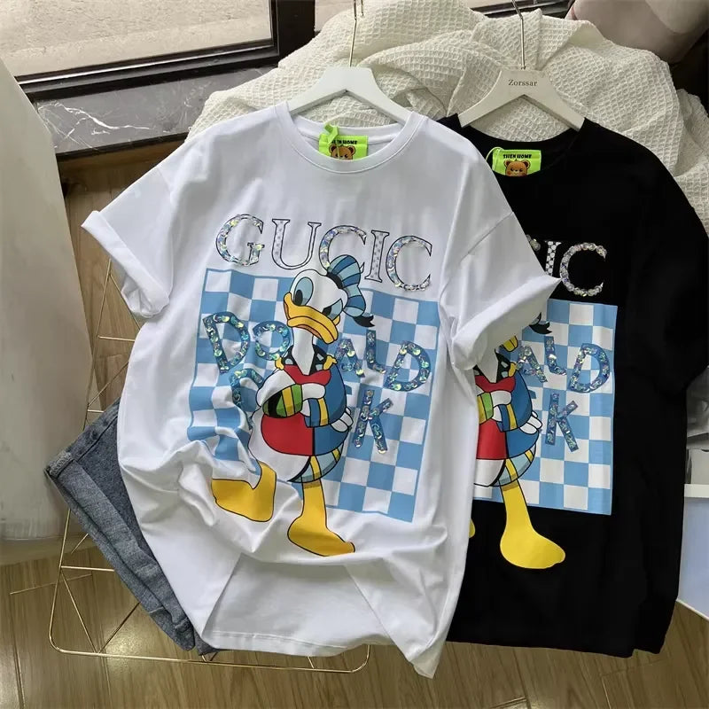 A99 - Luxury Sparkling Donald Duck Sequin Graphic T-Shirt - 220g Premium Breathable Cotton - Hand-Embellished Crystal Bead Embroidery