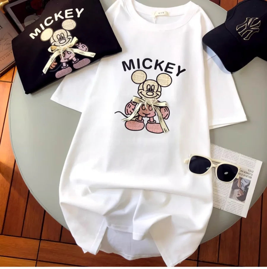 A143 - Luxury Handcrafted Pearl Ribbon Mickey T-Shirt - 220g Premium Heavyweight Cotton
