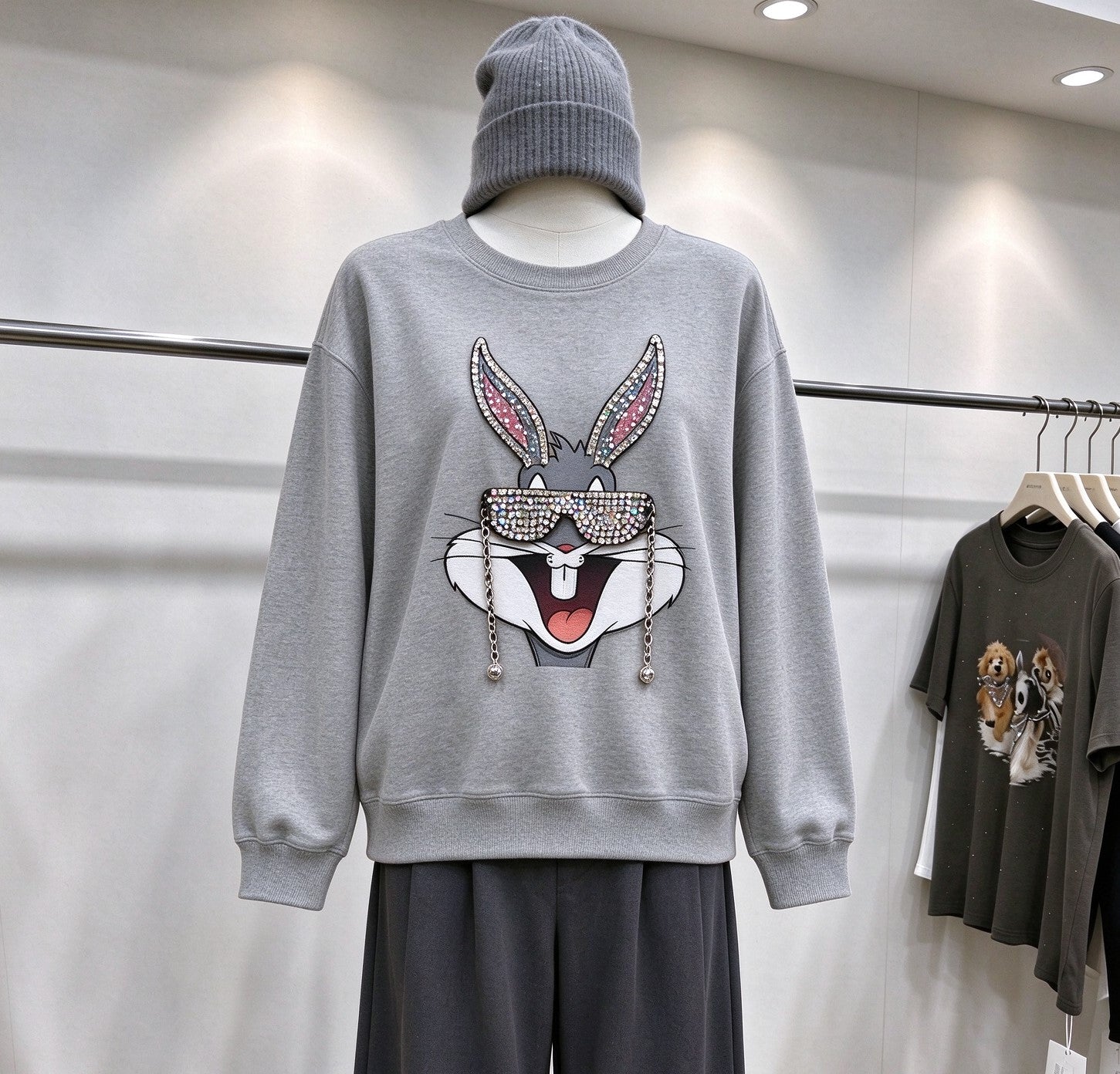 Rhinestone Bugsbunny Graphic Sweatshirt | 3D Chain & Beaded Sunglasses Crewneck