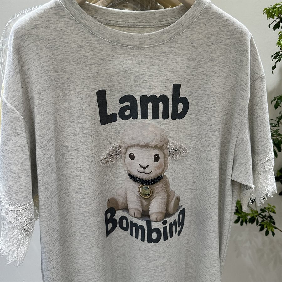 A171 - Artisanal Lace & Rhinestone Lamb Tee: 220g Breathable Premium Cotton