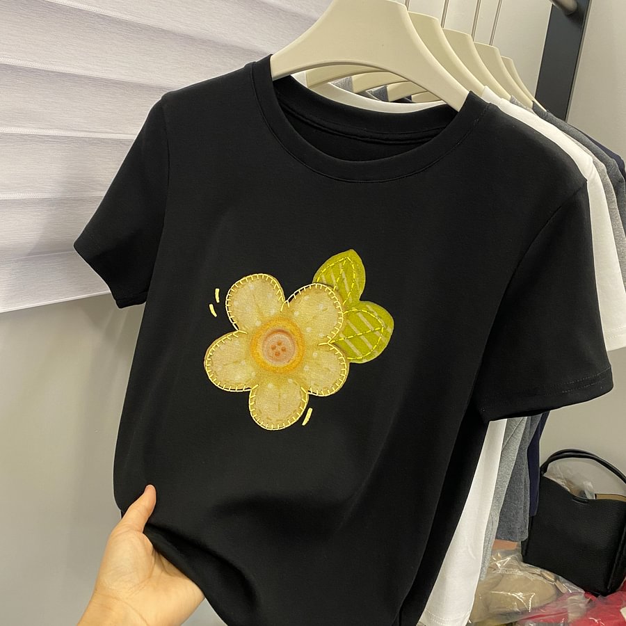 A187 - Embroidered Floral Graphic Tee - Hand-Finished Wildflower Detail - 220g Premium Heavyweight Cotton
