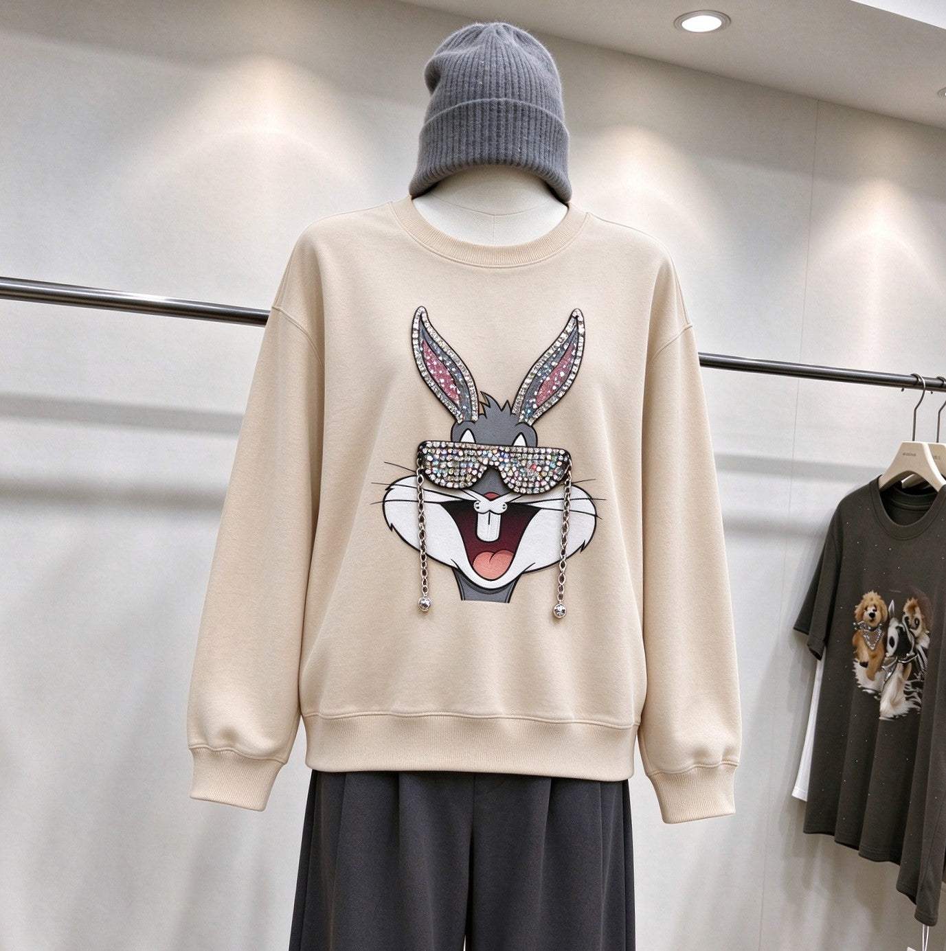 Rhinestone Bugsbunny Graphic Sweatshirt | 3D Chain & Beaded Sunglasses Crewneck