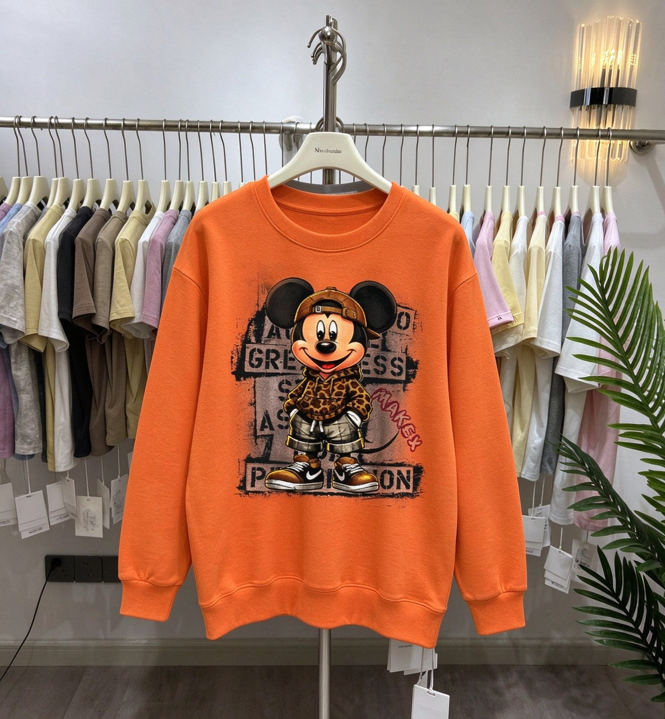 Leopard Street Mickey Graphic Cotton Sweatshirt | Casual Crewneck Pullover