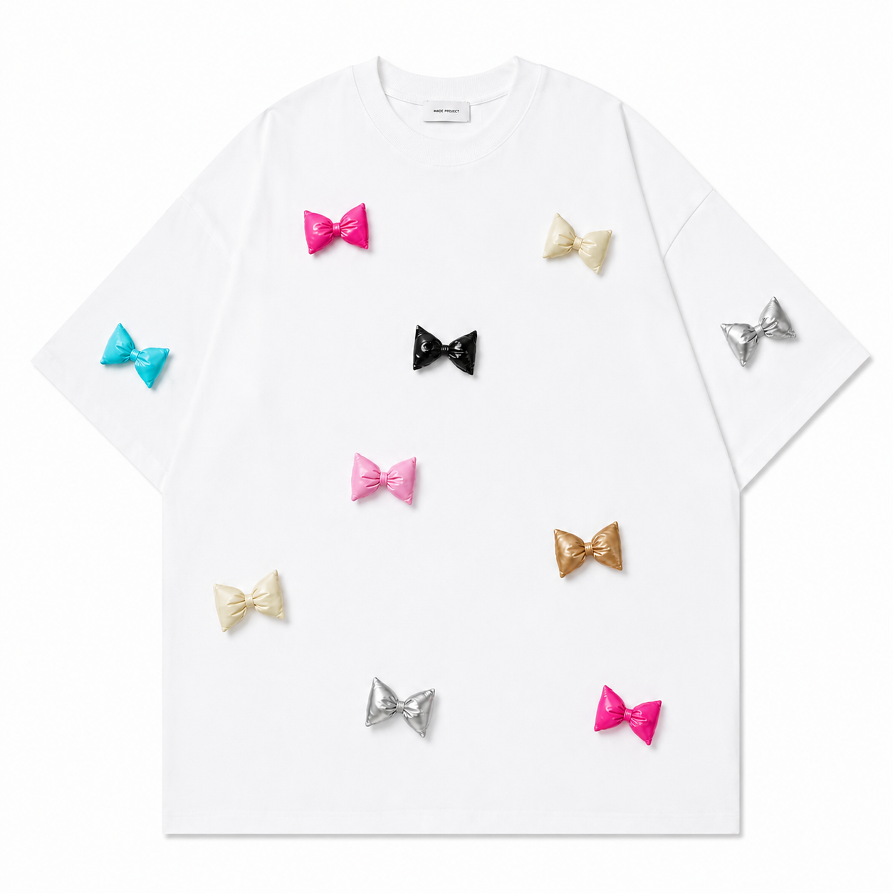 A243 - Handcrafted 3D Bow Accent Cotton Tee – Color Pop Statement T-Shirt