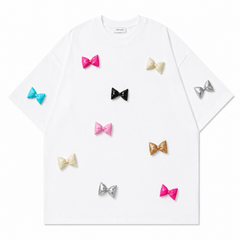 A243 - Handcrafted 3D Bow Accent Cotton Tee – Color Pop Statement T-Shirt