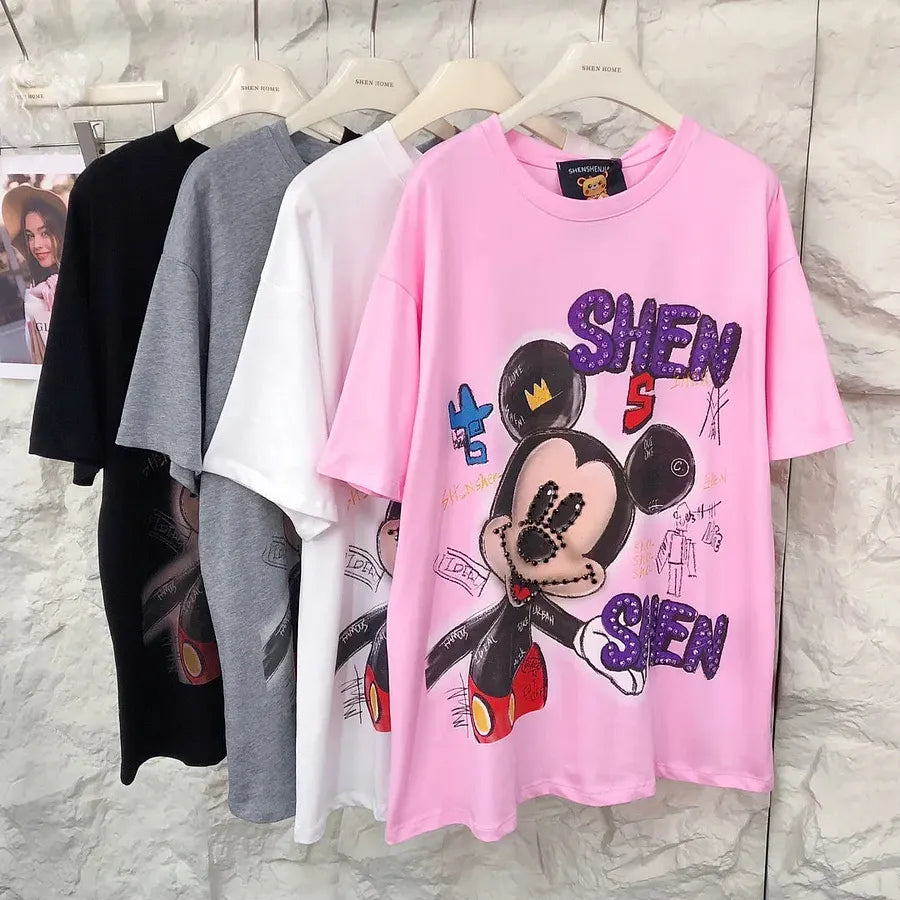 VINESU MKT07 - Oversized Graffiti Mouse T-Shirt for Women - 220g Breathable Cotton with Pearl & Rhinestone Embellishments (Sizes S-3XL)
