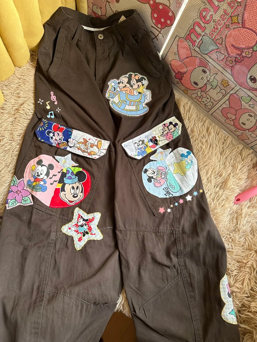 Retro Mickey & Friends Patchwork Cargo Pants - Unisex Hip-Hop Streetwear Trousers, Creative Cartoon Graphic Loose Fit Pants