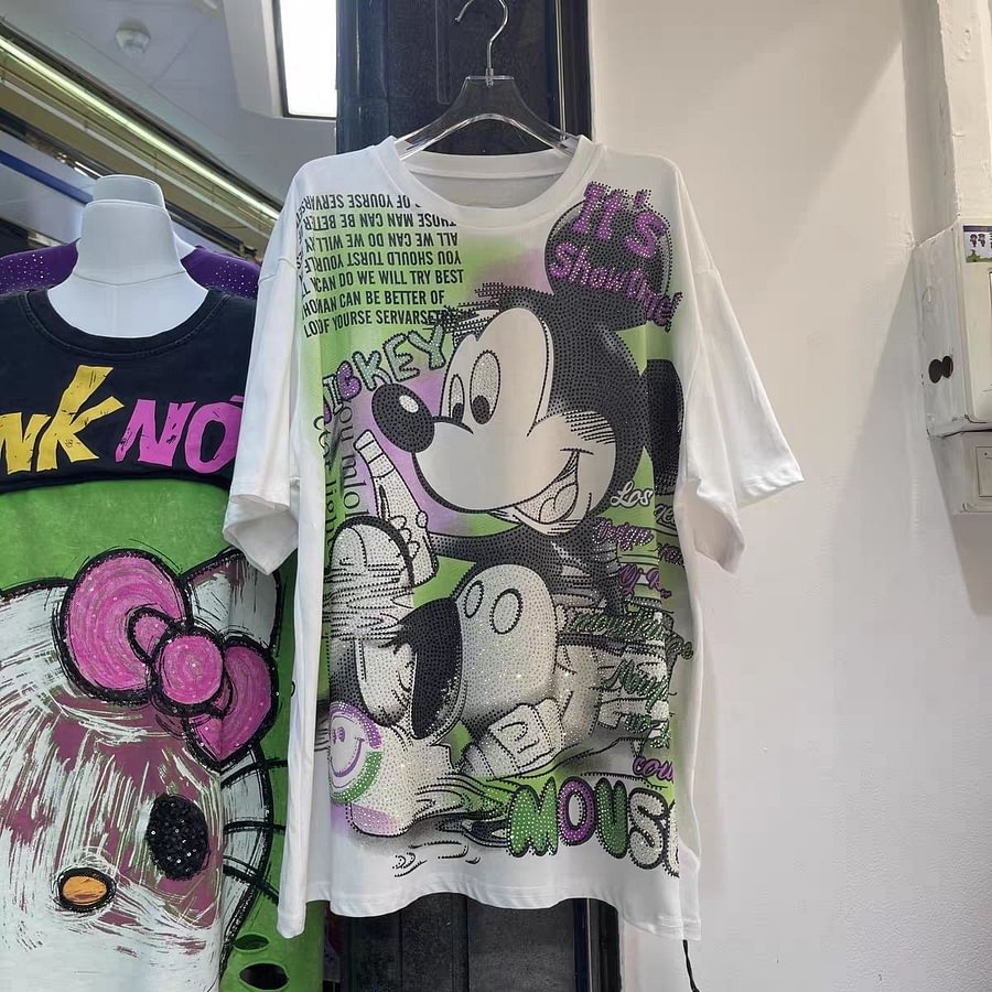 A194 - Oversized Heavyweight 320g Cotton Graphic Tee - Luxury Rhinestone Mickey Streetwear T-Shirt with Double-Sided Print