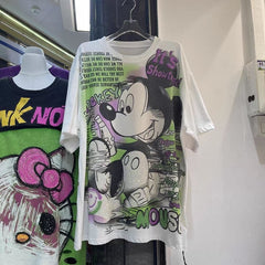 A194 - Oversized Heavyweight 320g Cotton Graphic Tee - Luxury Rhinestone Mickey Streetwear T-Shirt with Double-Sided Print
