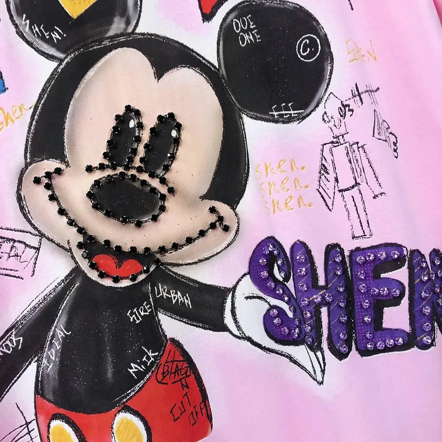 VINESU MKT07 - Oversized Graffiti Mouse T-Shirt for Women - 220g Breathable Cotton with Pearl & Rhinestone Embellishments (Sizes S-3XL)
