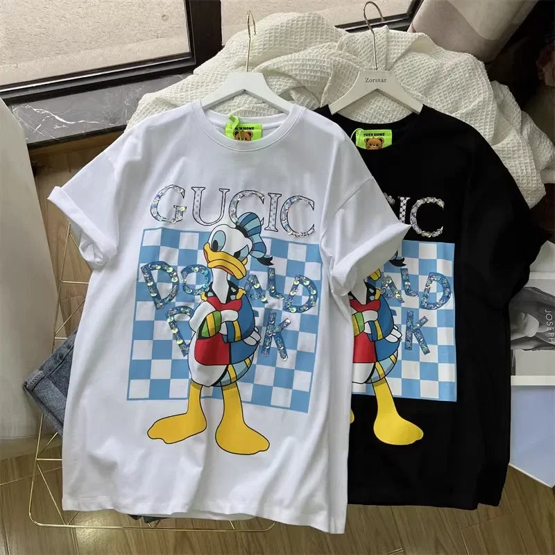 A99 - Luxury Sparkling Donald Duck Sequin Graphic T-Shirt - 220g Premium Breathable Cotton - Hand-Embellished Crystal Bead Embroidery