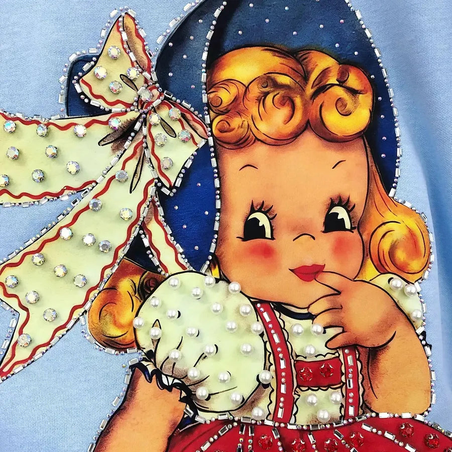 VINESU A19 - Vintage Girl & Doll Pearl & Rhinestone Embellished Cotton T-Shirt