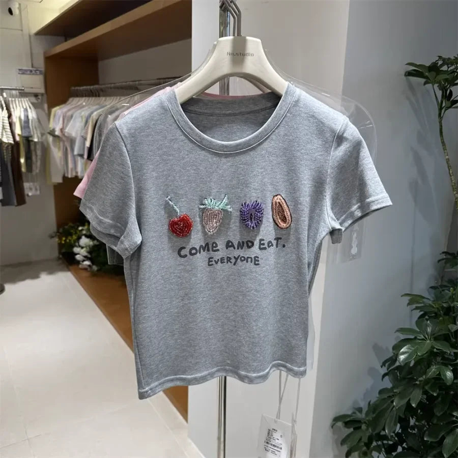 A121 - Luxury Fruit Embroidery Beaded T-Shirt - 100% Heavy Cotton