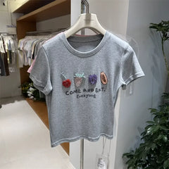 A121 - Luxury Fruit Embroidery Beaded T-Shirt - 100% Heavy Cotton