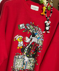 Vinesu A63 - Christmas Limited Edition Tweety & Sylvester Print Crewneck Sweatshirt | Red Loose Casual Fall/Winter Top