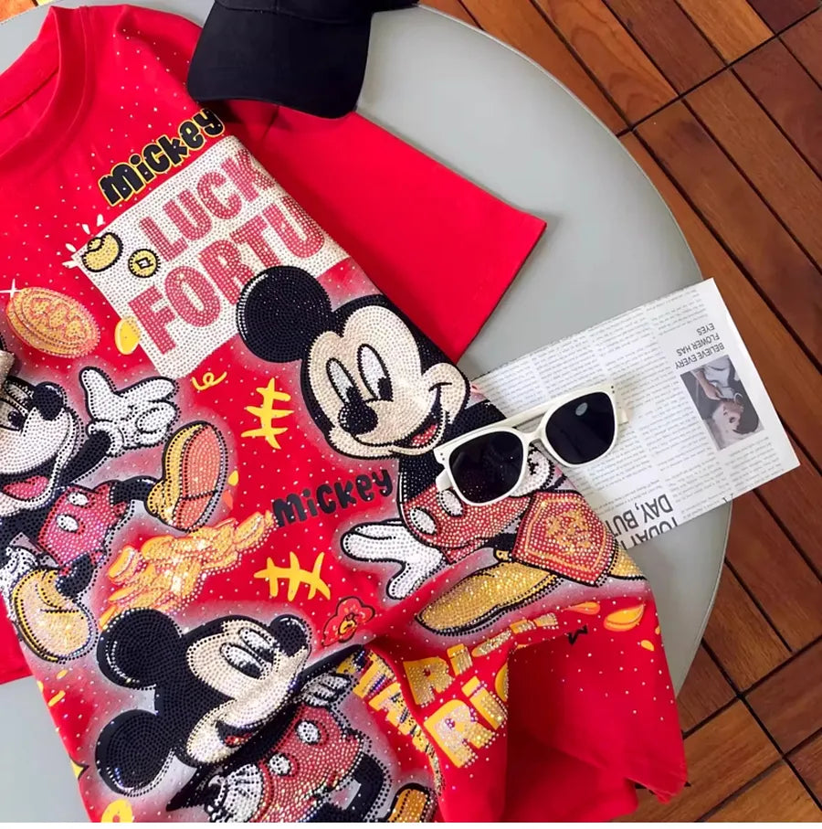 VINESU A09 - Lucky Fortune Mouse Oversized Tee with Custom Rhinestones