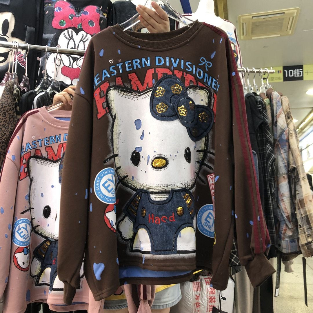 Sequin Embroidered HELLOKITTY Character Lightweight Sweatshirt – Double Side Graphic Crewneck