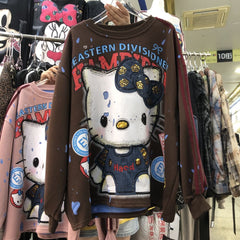 Sequin Embroidered HELLOKITTY Character Lightweight Sweatshirt – Double Side Graphic Crewneck