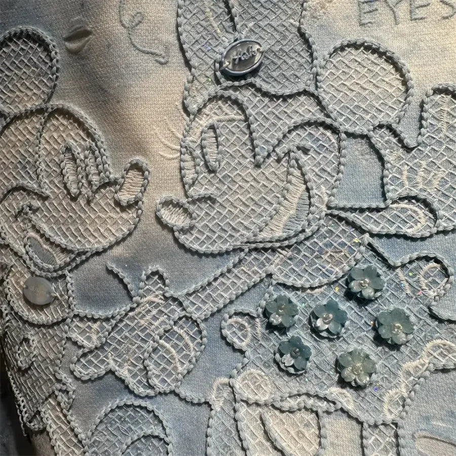 A139 - 2026 New Tie-Dye Cotton T-Shirt: Mickey Mouse Embroidery, Distressed Holes, and Hand-stitched Beadwork Flowers