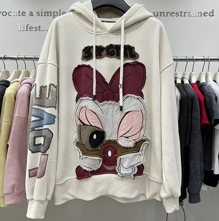 VINESU Y202 - Vintage Wash Daisy Duck Distressed Patchwork Hoodie