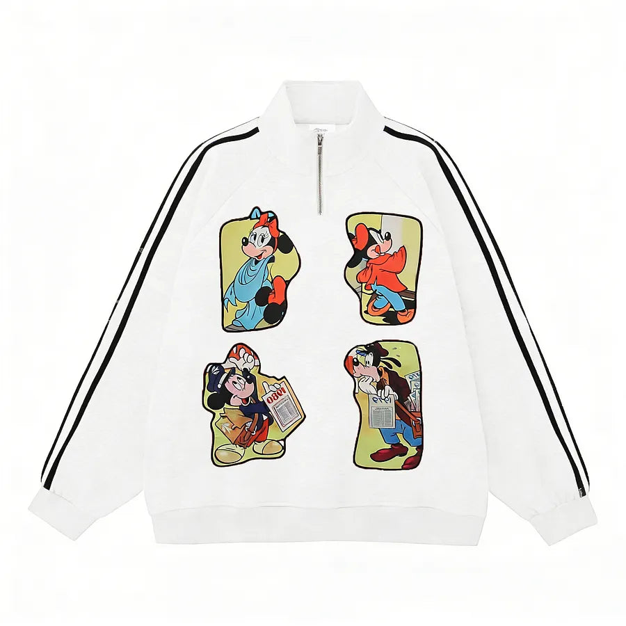 Vinesu A77 - Vintage Mickey-Inspired Half-Zip Sweatshirt | Loose Striped Raglan Top