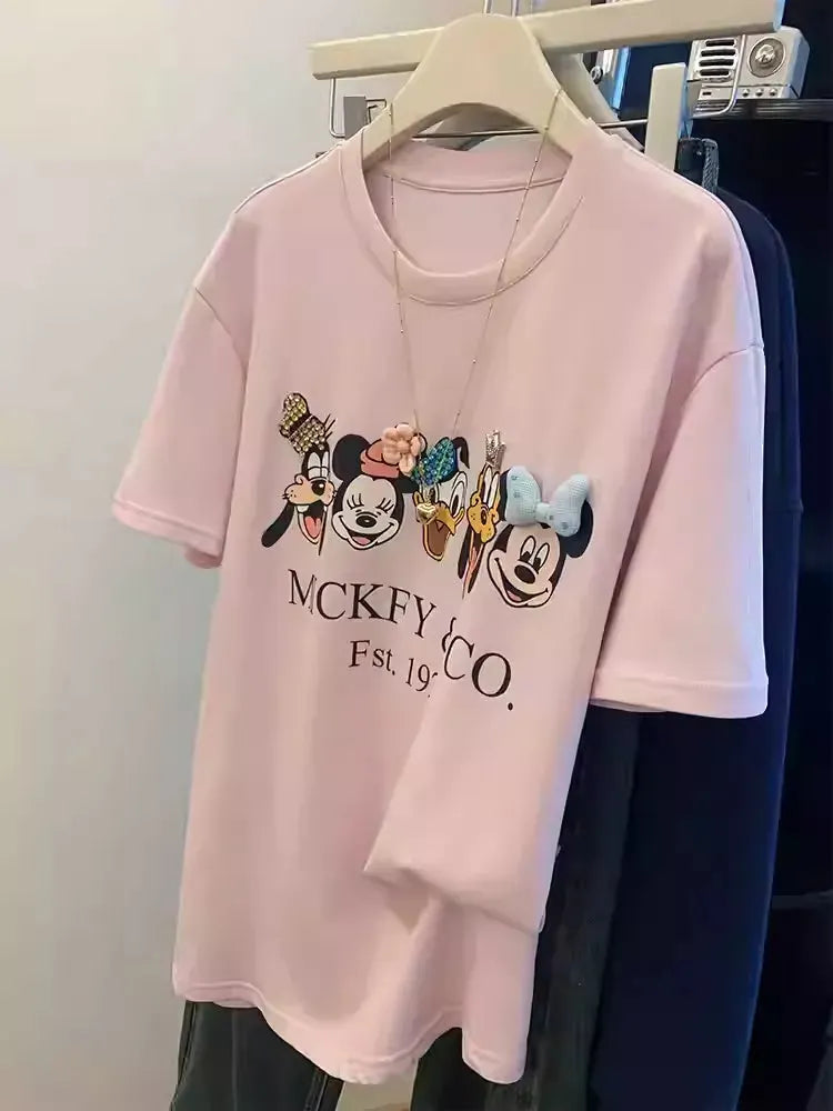 VINESU Pink Crystal-Embellished T-Shirt with 3D Floral Appliqué
