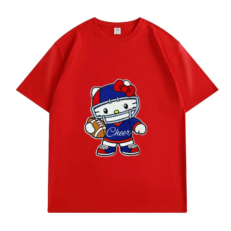 VINESU Sports Style Hello Kitty Football-Themed Textured Embroidered Short-Sleeve T-Shirt
