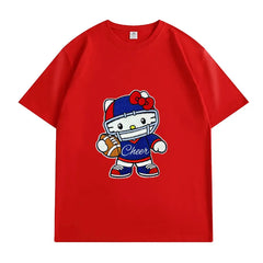 VINESU Sports Style Hello Kitty Football-Themed Textured Embroidered Short-Sleeve T-Shirt
