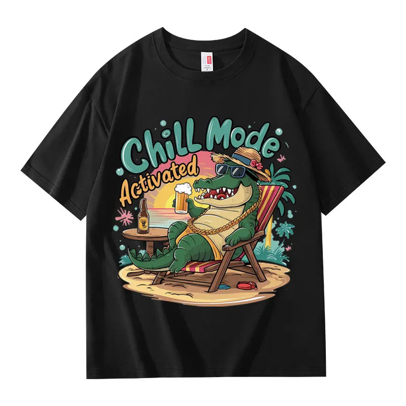 VINESU 100% Cotton Oversized T-Shirt: Chill Mode Activated Crocodile Vacation Graphic Print