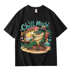 VINESU 100% Cotton Oversized T-Shirt: Chill Mode Activated Crocodile Vacation Graphic Print