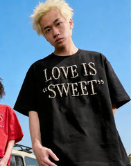 VINESU A37 - Oversized Pearl-Embellished "LOVE IS SWEET" T-Shirt, Unisex Streetwear Tee