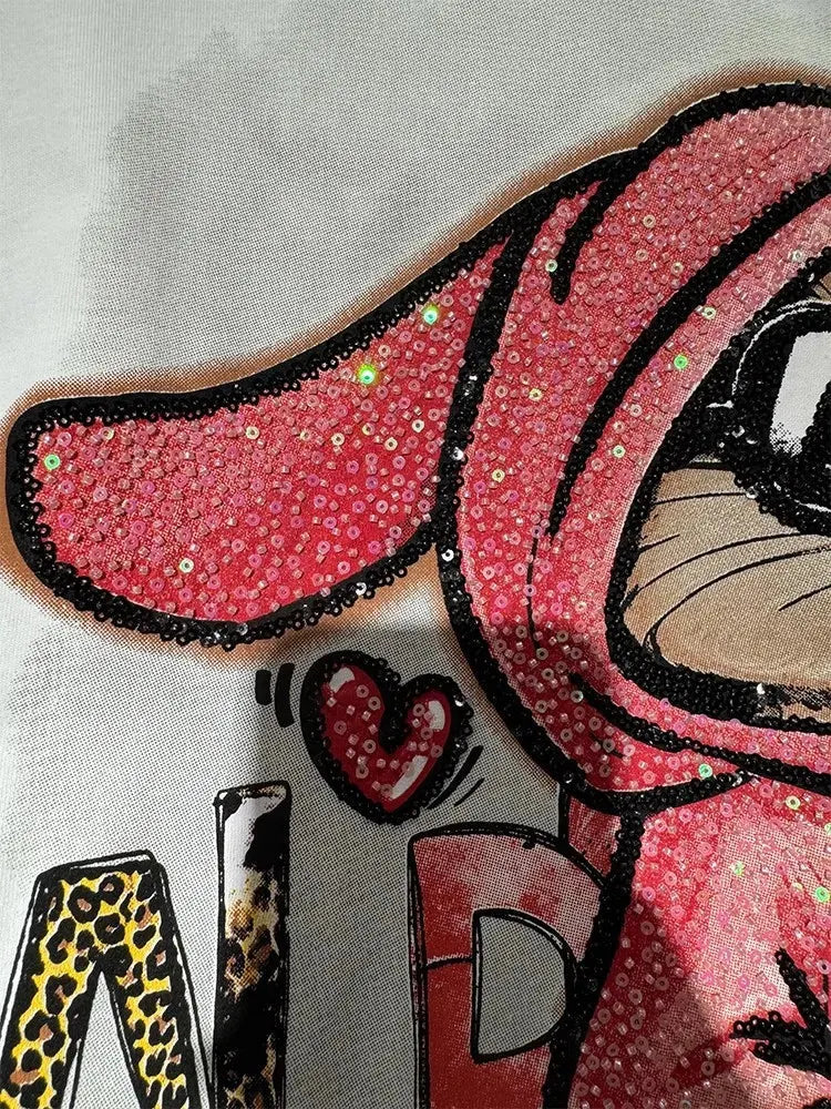 VINESU B04 - Fun Bunny Graphic Cotton Tee with Rhinestones