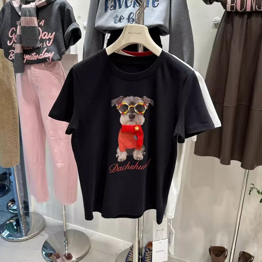 VINESU A50 220GSM Cotton Schnauzer Graphic Tee | Rhinestone Embellished Dog Print T-Shirt