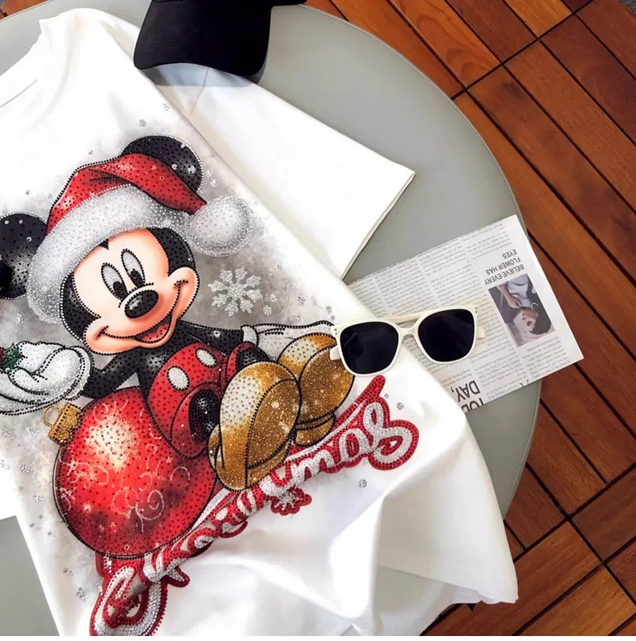 VINESU A08 - New Arrival Christmas Mouse Rhinestone Oversized Tee
