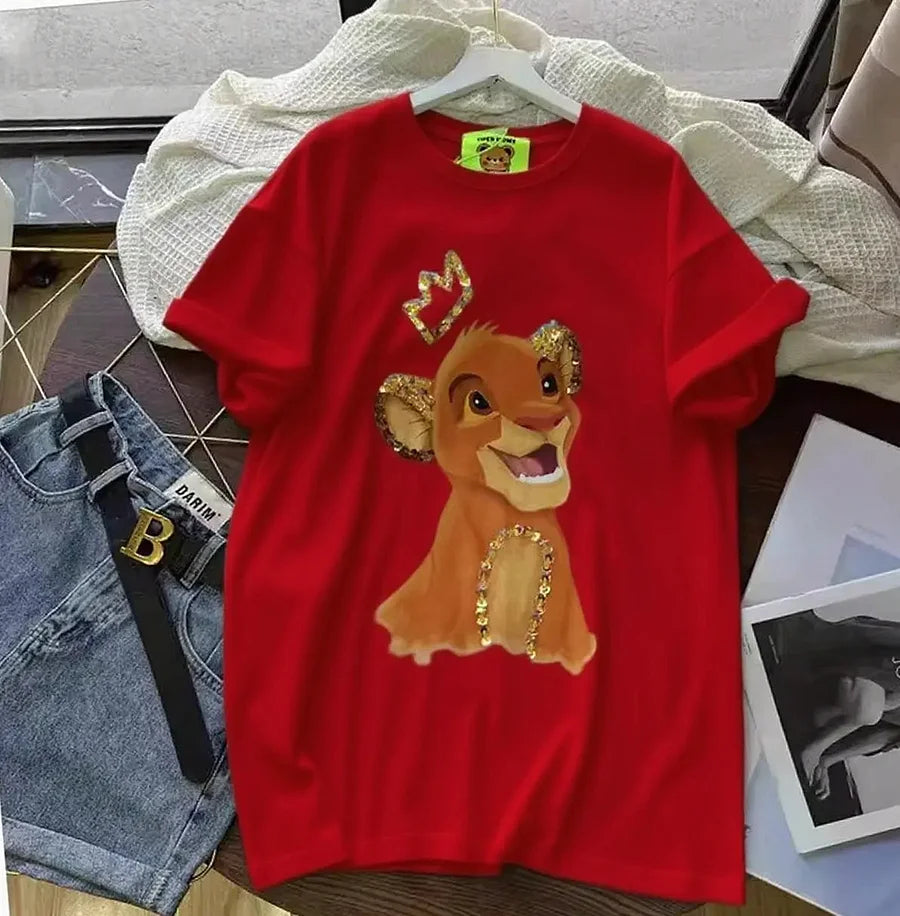 220g Cotton Simba Graphic Tee - Gold Sequin Crown & Ear Embellishments - Unisex
