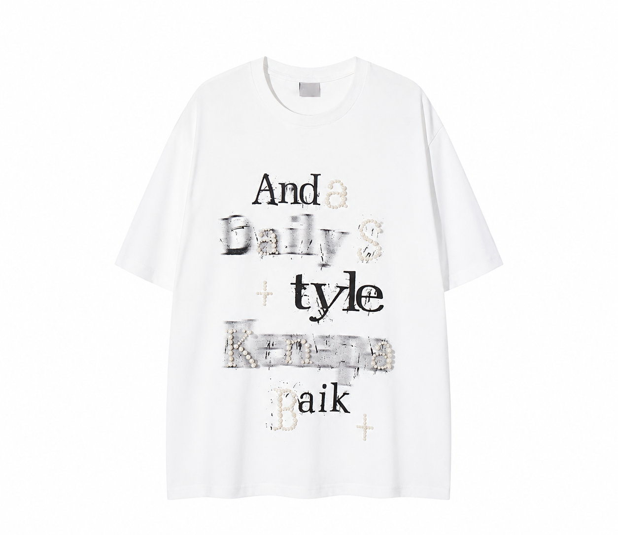 A261 - Pearl Graffiti Graphic Tee – Handmade Embellished Oversized Cotton T-Shirt